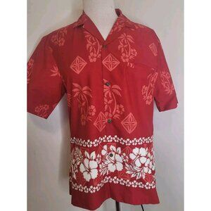 Womans Hawaiian Aloha shirt Red Floral Cotton M Tropical holiday Colorful